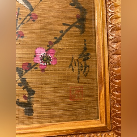 Vintage Bamboo Scroll Painted Bird with Tree Blossoms Teak Framed Wall Decor - Picture 10 of 17